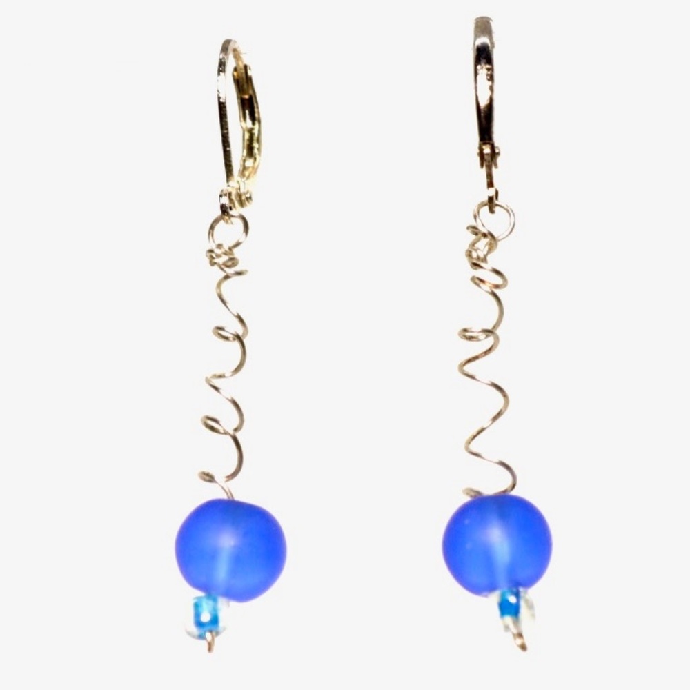 Navy Blue Glass Orb on Broken Spring Earrings